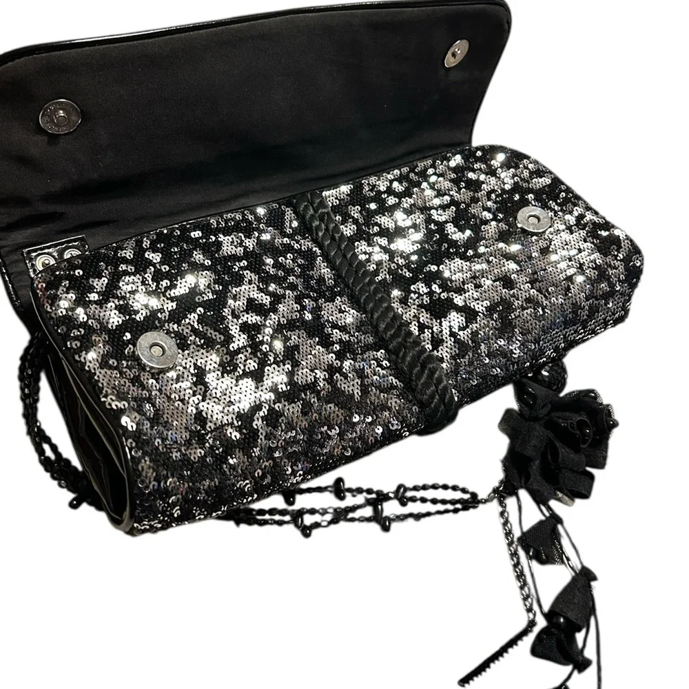 White House Black Market Black and Silver Glitter Sequin Clutch Large - Picture 3 of 7